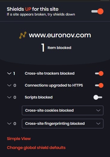 Exemple de blocage d'un site tracker sur EuroNov