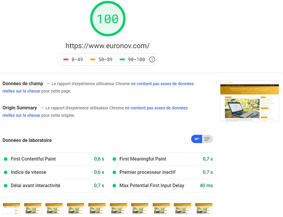 Test de performance sur EuroNov avec WP-Rocket et des pages optimisées.